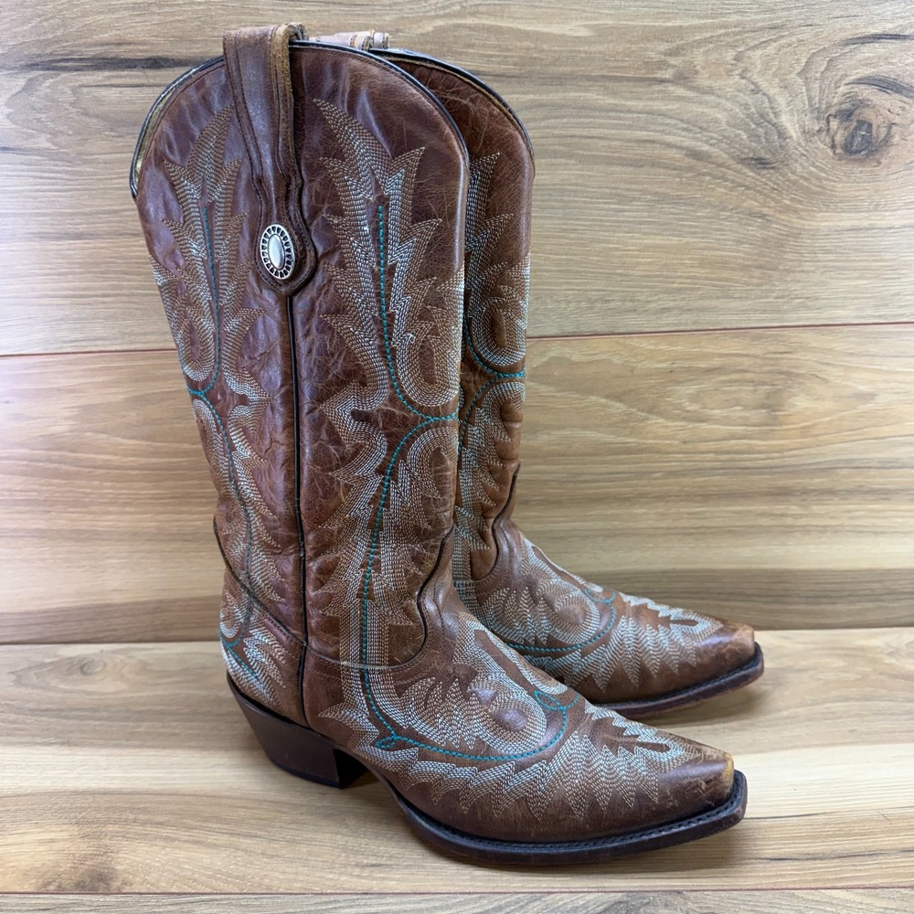 Corral Picasso Western Boot Womens 7.5 M Brown Teal Embroidery Snip Toe Rodeo